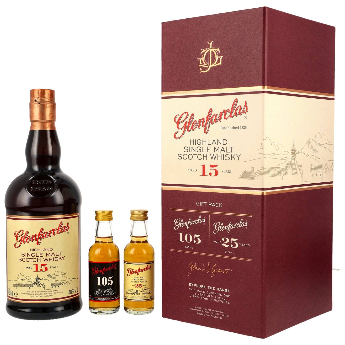 Glenfarclas 15 Geschenk-Set - mit 105 Cask Strength & 25 Jahre Miniatur