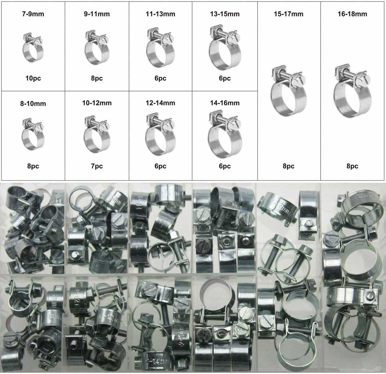 73x Universal Mini Schlauchklemmen-Sortiment Rundziehende Schlauchschellen Satz