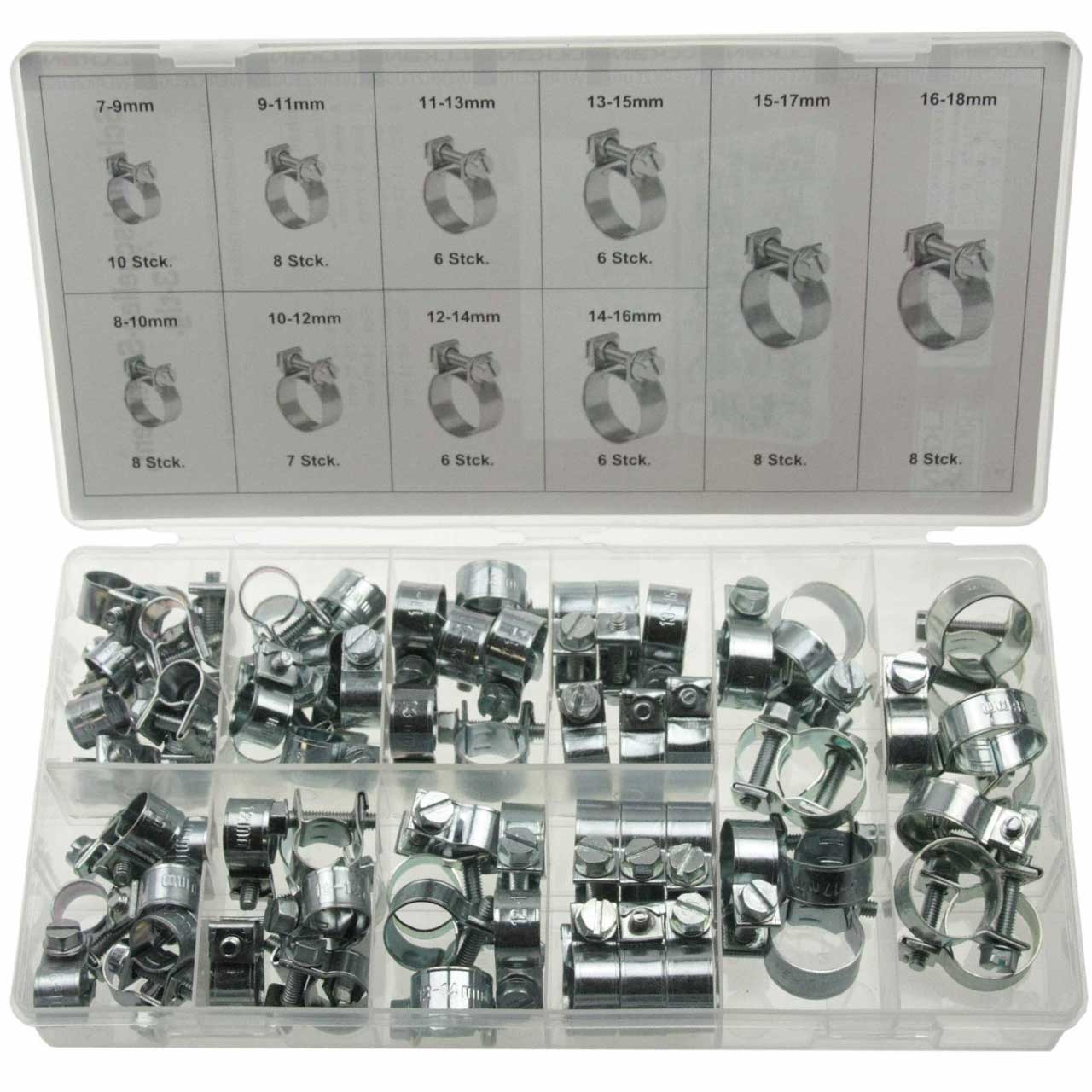 73x Universal Mini Schlauchklemmen-Sortiment Rundziehende Schlauchschellen Satz