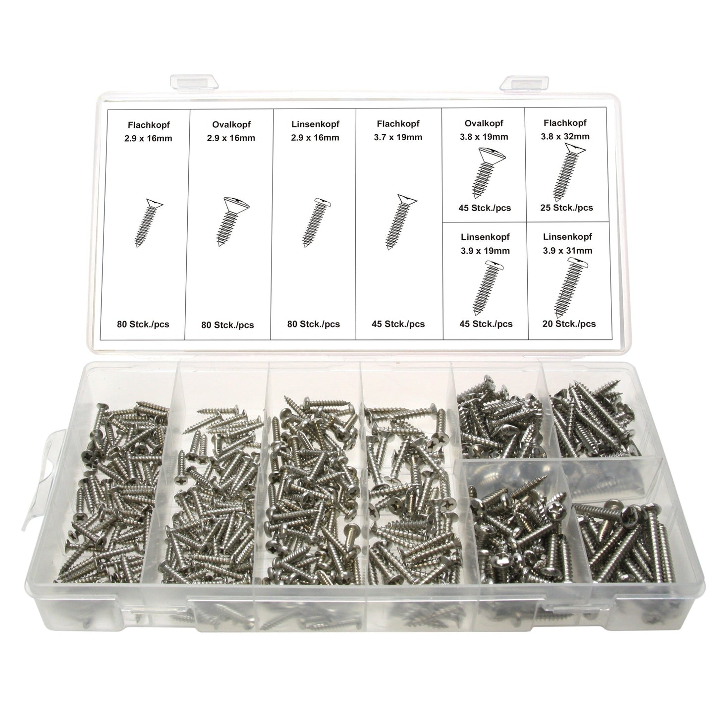 Blechschrauben Sortiment Ø 2.9-3.9 mm Edelstahl PH Kreuzschlitz Satz 420 Stück