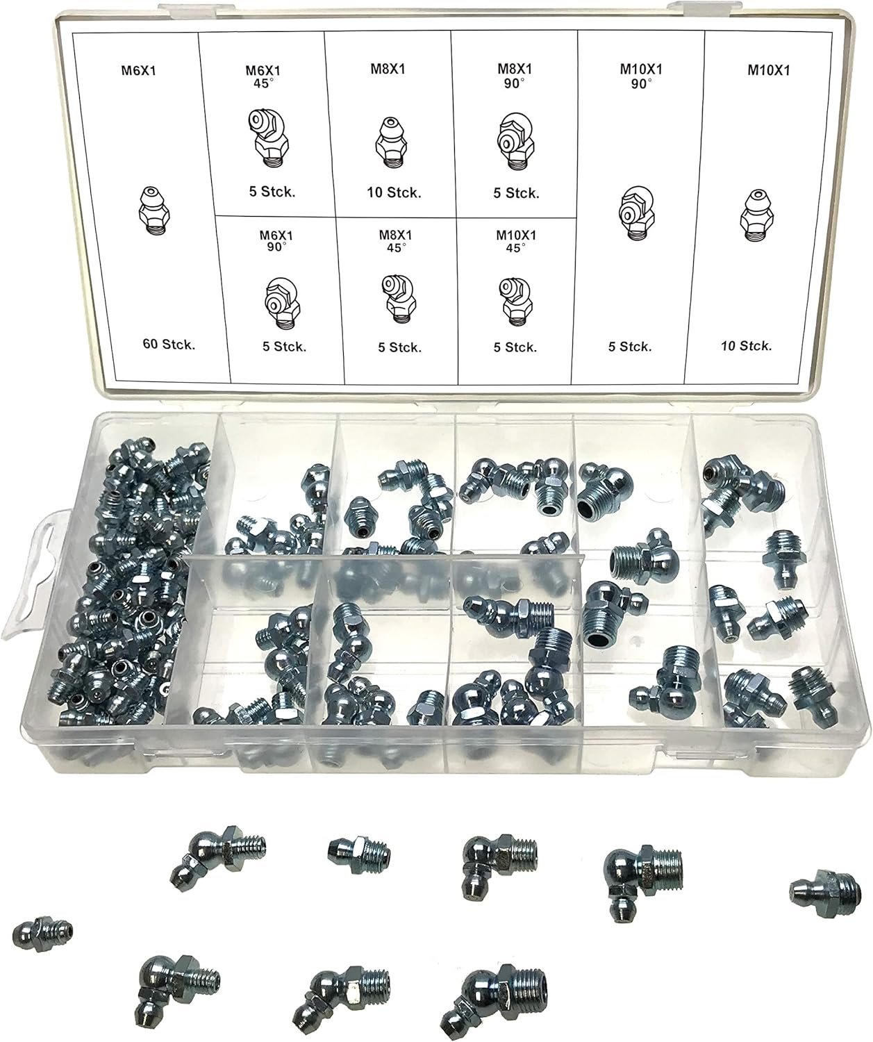 Schmiernippel-Set Fettnippel Kegelschmiernippel M6 M8 M10 gerade 45° 90° 110-tlg