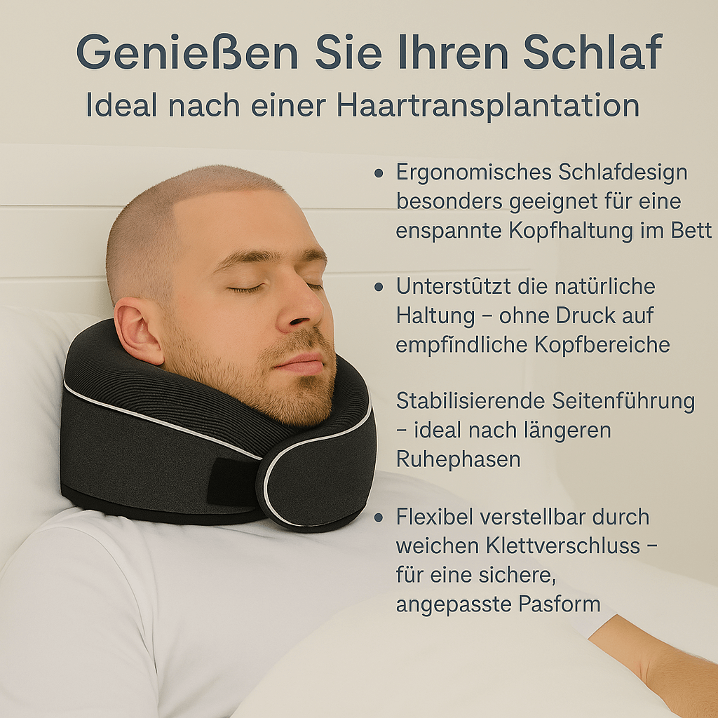 Nackenkissen für erholsamen Schlaf nach der Haartransplantation – kompakt, komfortabel & ideal für Reisen