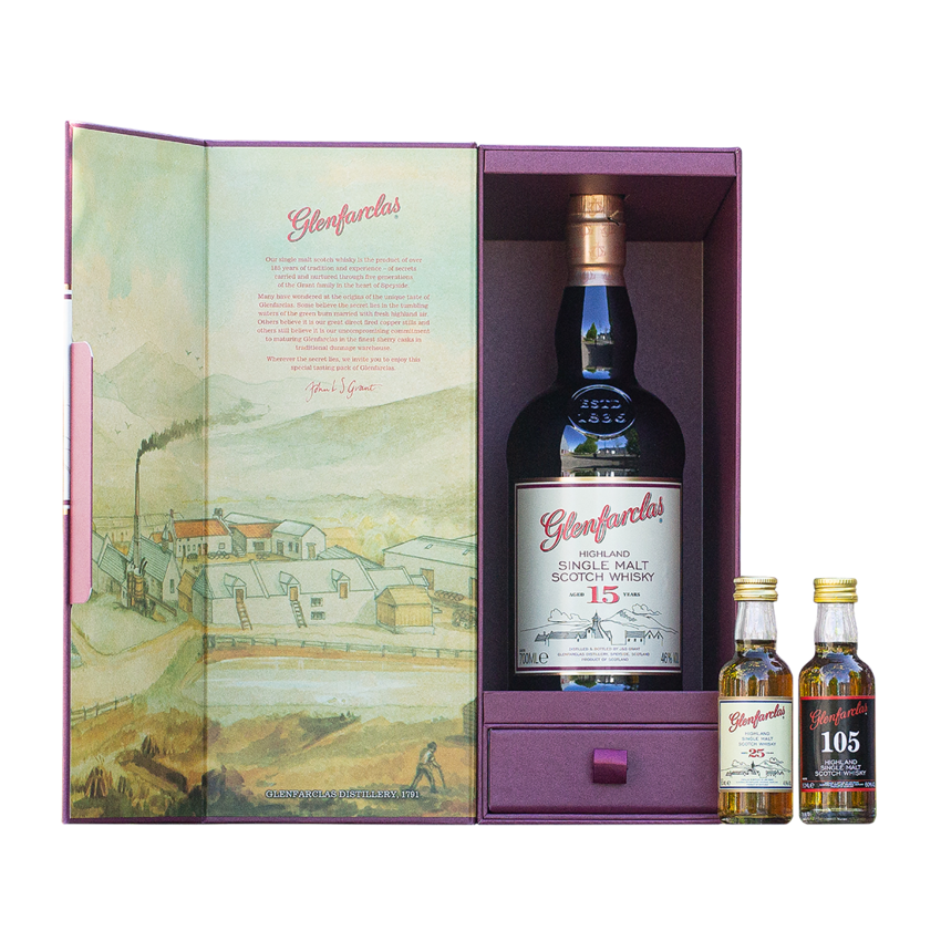 Glenfarclas 15 Geschenk-Set - mit 105 Cask Strength & 25 Jahre Miniatur