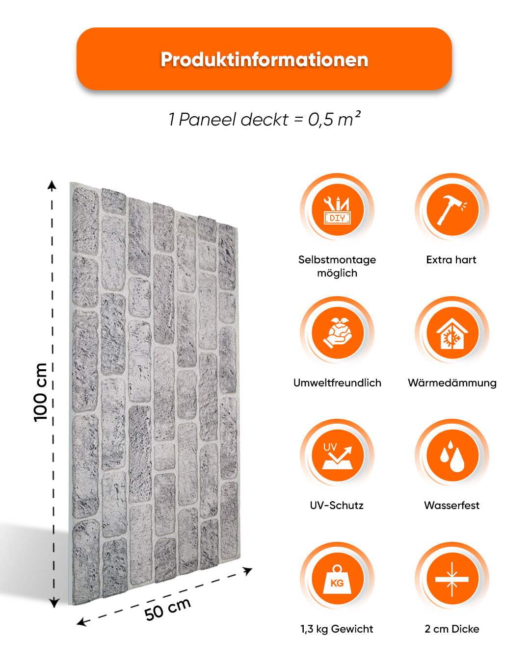 Wandverkleidung Steinoptik 50×100×2 cm | 3D Wandpaneele aus Styropor | White Grey L-1702