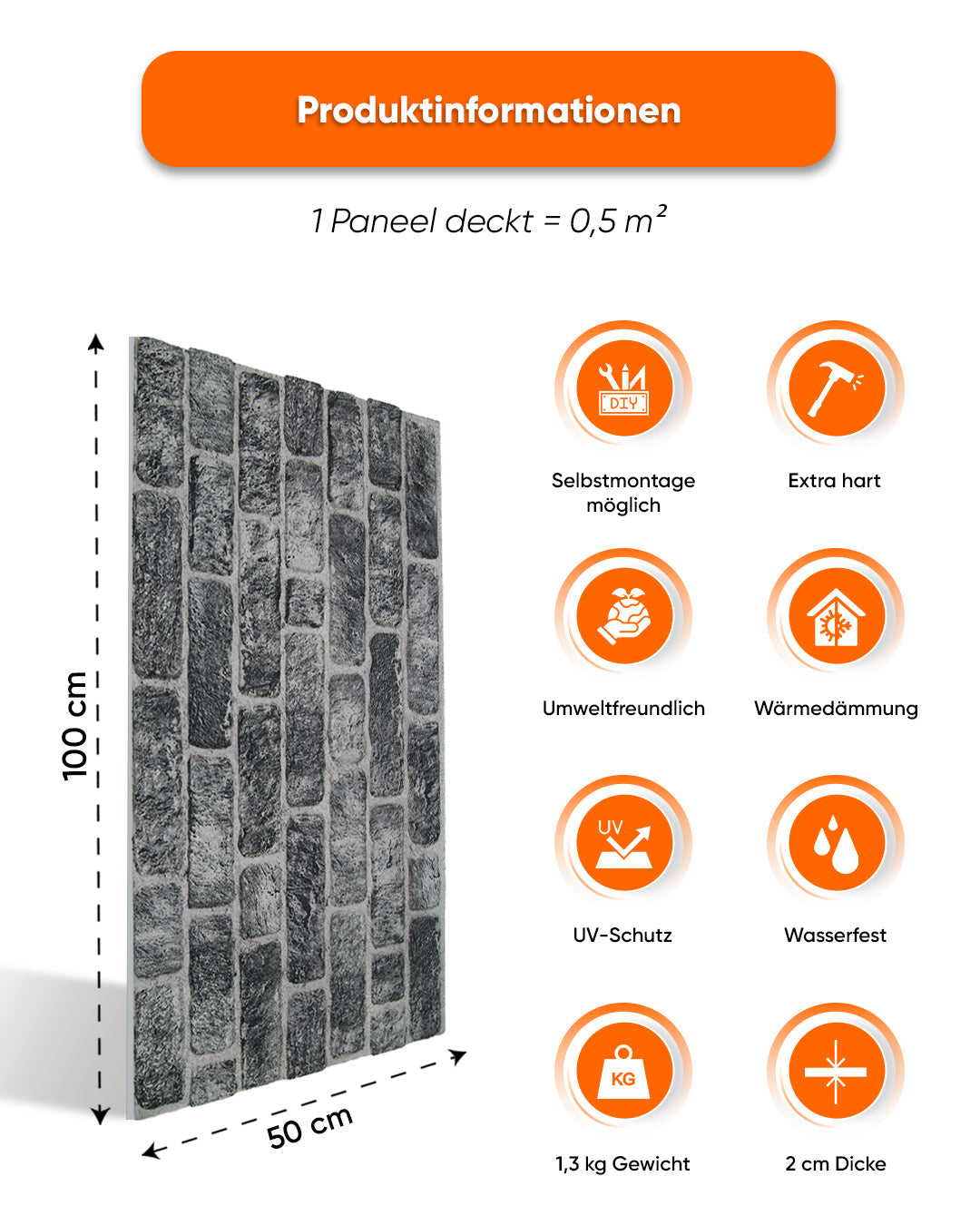 Wandverkleidung Steinoptik 50×100×2 cm | 3D Wandpaneele aus Styropor | Old Town L-1703