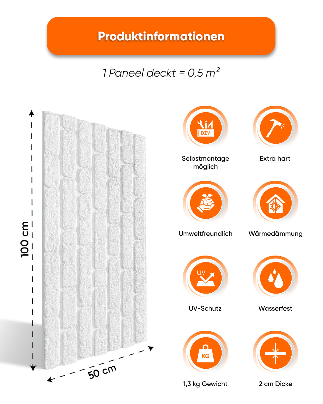 Wandverkleidung Steinoptik 50×100×2 cm | 3D Wandpaneele aus Styropor | White Snow L-1900
