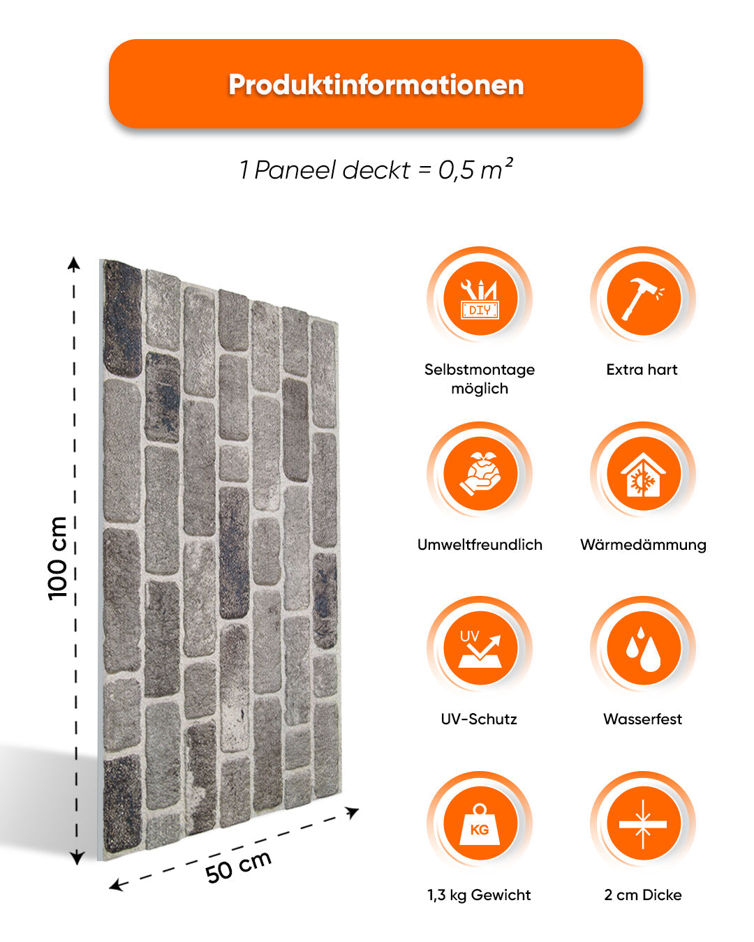 Wandverkleidung Steinoptik 50×100×2 cm | 3D Wandpaneele aus Styropor | Path Of Gray L-1926