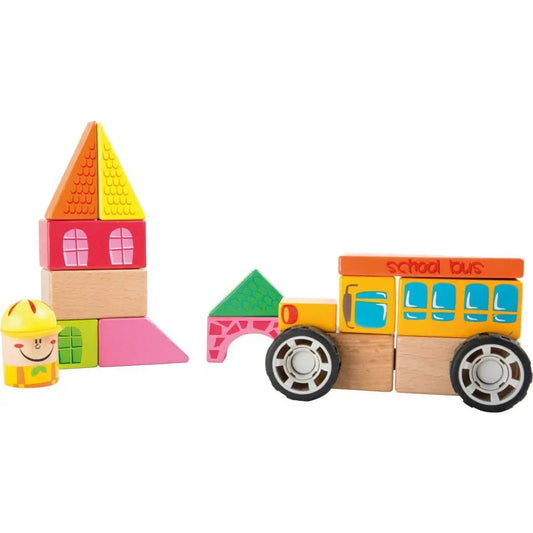 Schulbus Bauklötze Holz 19-teilig – small foot Kinderspielzeug ab 2 Jahren